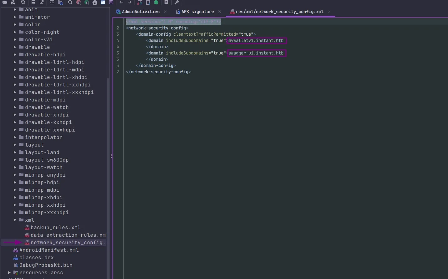 Arquivo XML no JADX expondo subdomínio interno com documentação de API via Swagger