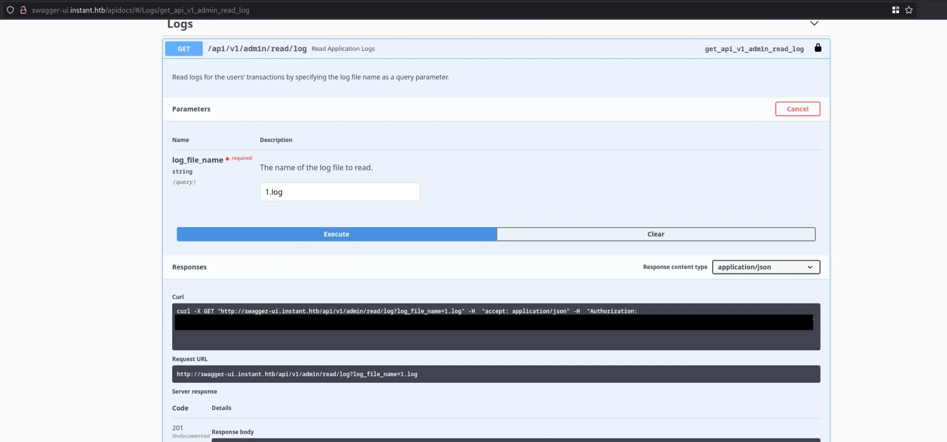 Documentação Swagger detalhando rota /api/v1/admin/log com parâmetros de leitura de arquivo potencialmente sensível