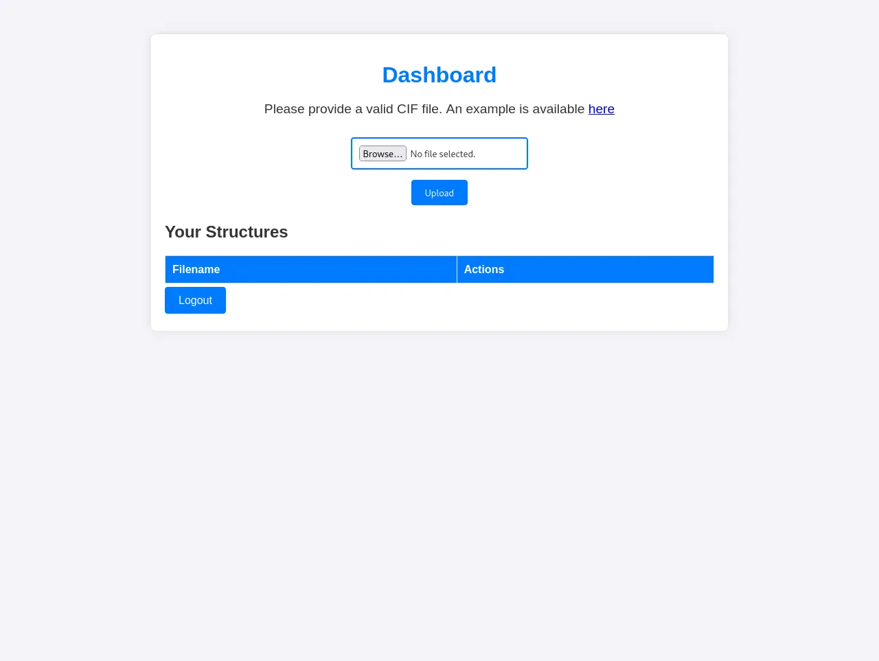Exibe um dashboard com uma funcionalidade de upload que solicita o envio de arquivos válidos no formato CIF