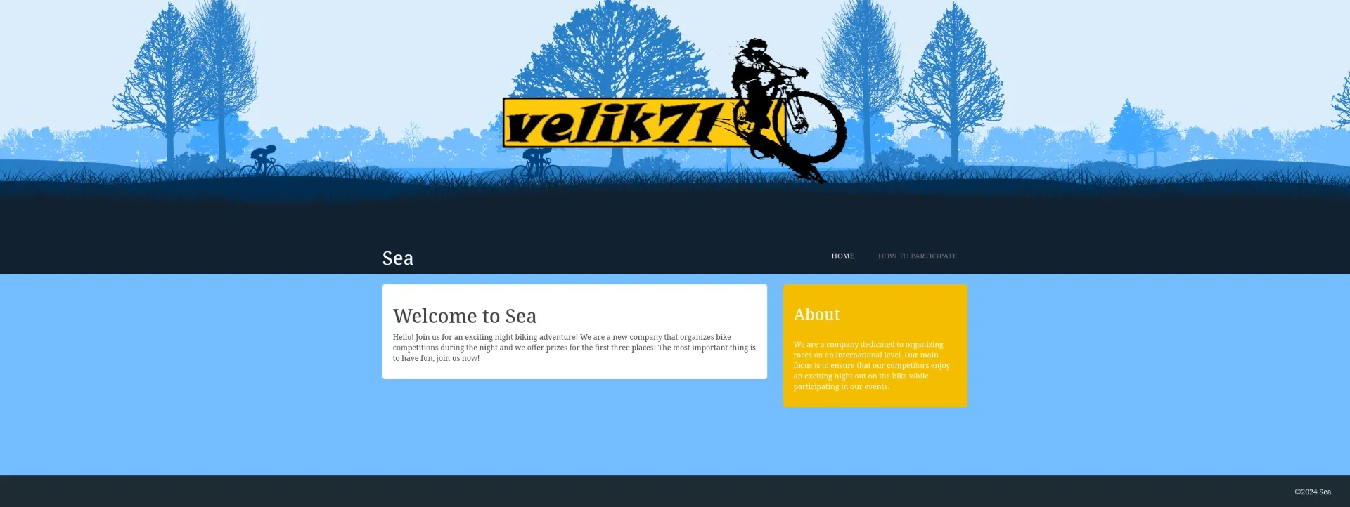 **Texto Alternativo:**

Imagem de um site com um fundo azul claro e silhuetas de árvores. No topo, há um logotipo em amarelo com a palavra "velik71" e uma imagem de um ciclista em movimento. Abaixo, uma seção azul apresenta um texto de boas-vindas e uma breve descrição sobre o site. O layout é simples e moderno, com um design que destaca a temática de ciclismo.