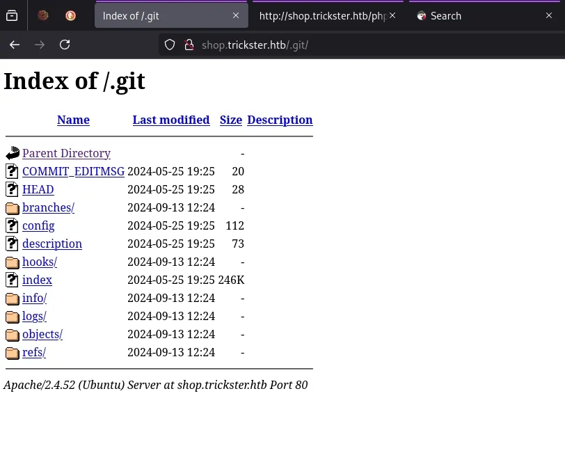 Captura de tela de um diretório de arquivos em um servidor web, mostrando a estrutura de um repositório Git. A lista inclui arquivos como 'COMMIT_EDITMSG', 'HEAD', e pastas como 'branches', 'config', 'description', 'hooks', 'index', 'logs', e 'refs', com informações sobre a data da última modificação e o tamanho de cada item.