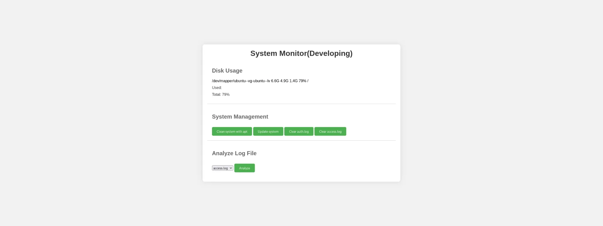 Tela de um aplicativo chamado "System Monitor (Developing)", exibindo informações sobre o uso de disco, incluindo espaço total, usado e disponível, além de opções de gerenciamento do sistema.