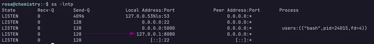 Captura de tela de um terminal exibindo a saída do comando `ss -lntp` e destacando, por meio de uma seta, um socket ouvindo na porta 8080.