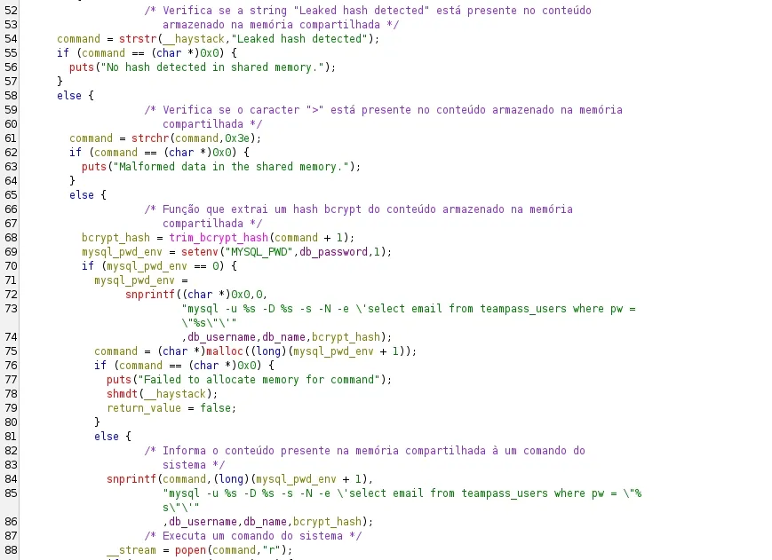 Interface do Ghidra expondo função vulnerável a injeção de código no binário descompilado