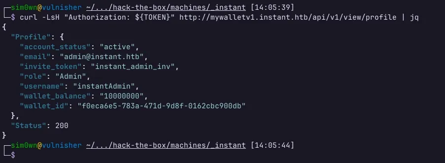 Terminal exibindo requisição cURL à API interna utilizando token de autenticação previamente descoberto