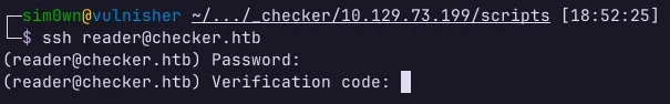 Tentativa de acesso via SSH pelo terminal solicitando um código de verificação após informar a senha do usuário reader