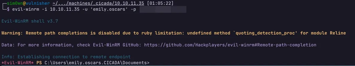 Terminal mostrando login bem-sucedido via Evil-WinRM com credenciais do usuário emily.oscars em ambiente Windows