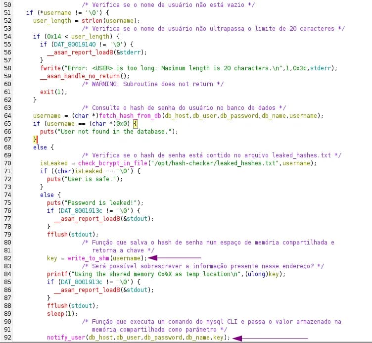 Interface do Ghidra revelando código-fonte descompilado de binário, exibindo estrutura e lógica do programa