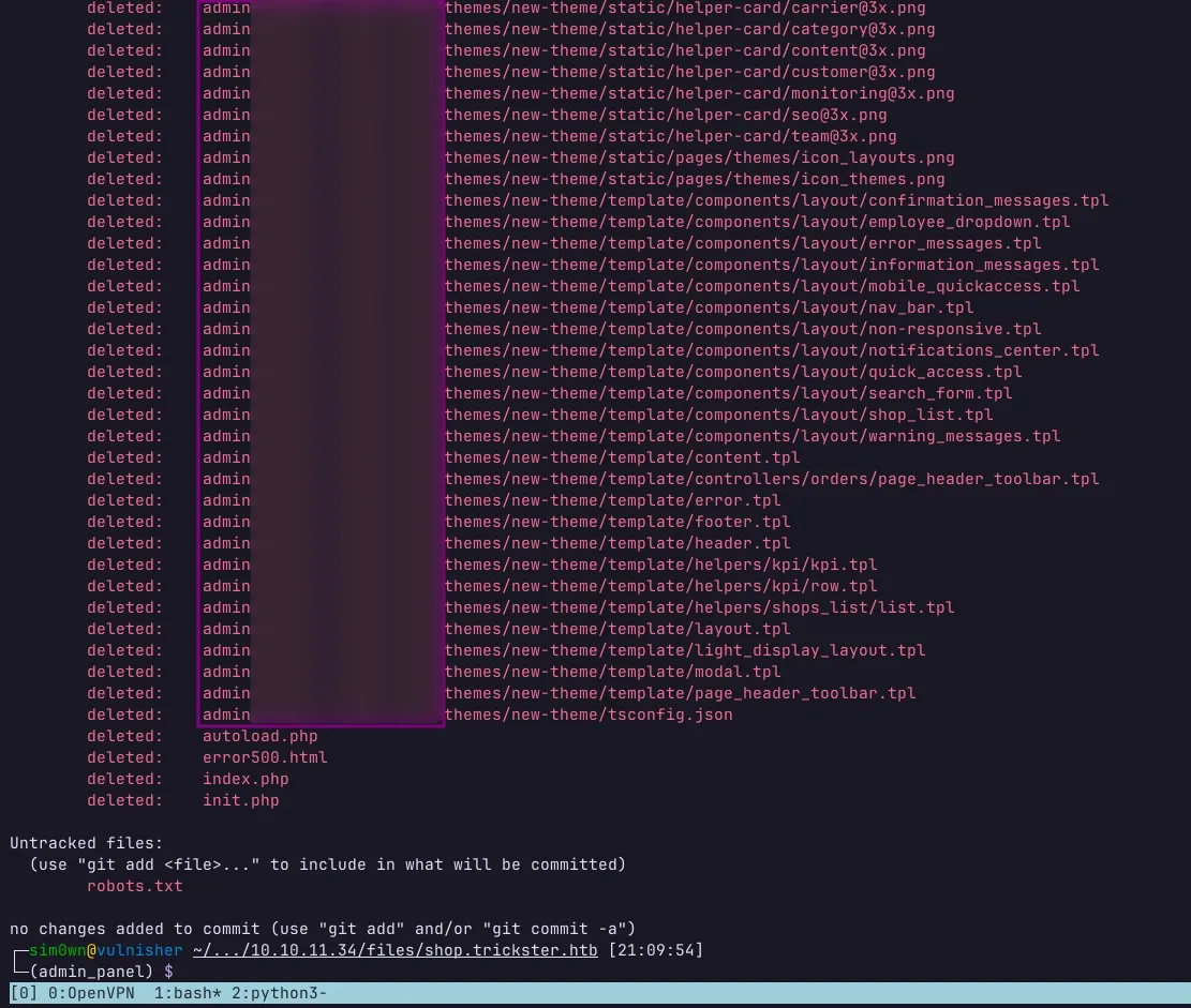 A imagem mostra um terminal de linha de comando exibindo uma lista de arquivos e diretórios relacionados a um tema de um site. A lista inclui arquivos de imagem, templates e outros recursos, com alguns arquivos destacados em uma cor diferente. Na parte inferior, há uma mensagem indicando que não houve alterações adicionadas para o controle de versão, sugerindo o uso de comandos como "git add" para incluir arquivos. O prompt do terminal exibe o diretório atual e o usuário ativo.