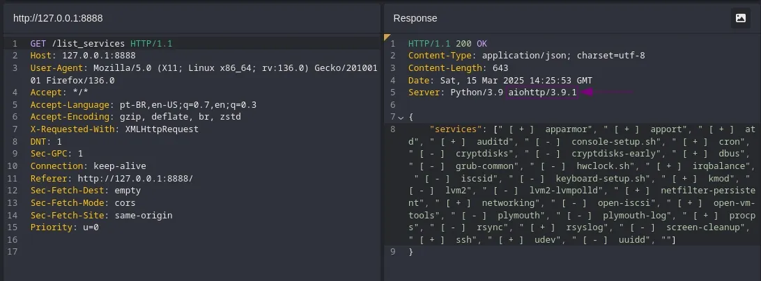 Seção de detalhes de uma requisição da ferramenta de proxy Caido. O cabeçalho Server de uma resposta HTTP com valor "Python/3.9 aiohttp/3.9.1" está sendo destacado por meio de um retângulo e uma seta.