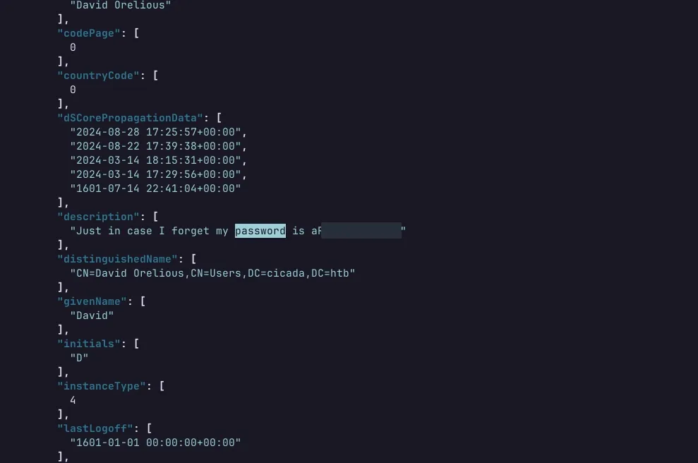 Arquivo JSON gerado pela ferramenta ldapdomaindump, exibindo resultado de enumeração de usuários em ambiente de diretório corporativo