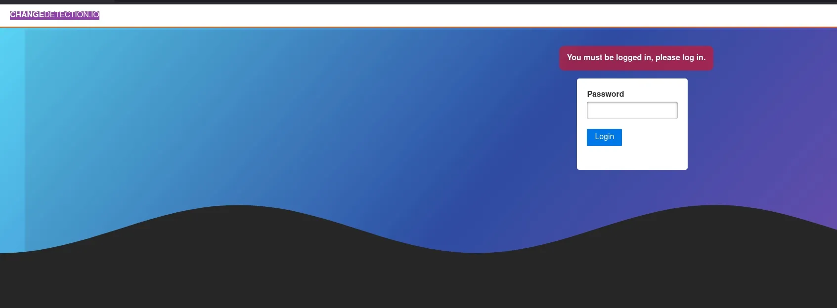 Tela de login de um site, com um fundo em gradiente azul e preto. No centro, há um formulário de login com campos para inserir o nome de usuário e a senha, além de um botão "Log in". Acima do formulário, uma mensagem em destaque informa que é necessário fazer login para continuar.