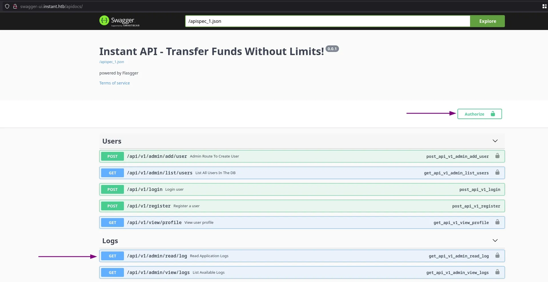Interface do Swagger revelando documentação de API com indicação de rota potencialmente vulnerável a leitura arbitrária de arquivos