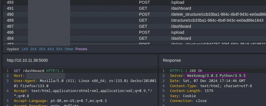 Histórico de requisições da ferramenta de proxy Caido. Exibe detalhes de uma requisição GET para o caminho /dashboard que retorna um cabeçalho Server contendo o valor "Werkzeug/3.0.3 Python/3.9.5"
