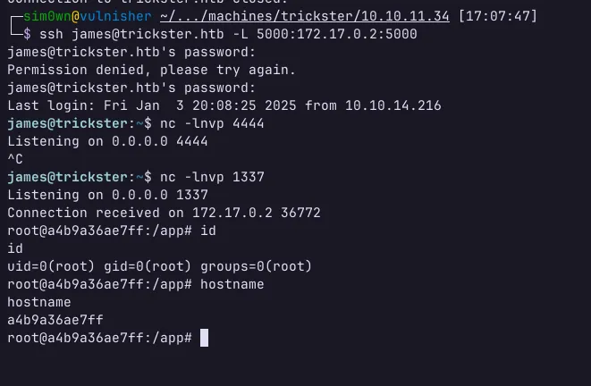 Captura de tela de um terminal mostrando uma sessão SSH conectada a um servidor. O usuário 'james' tenta acessar o sistema, mas recebe uma mensagem de permissão negada. Em seguida, ele se conecta como 'root' e exibe informações sobre o hostname e o diretório atual.